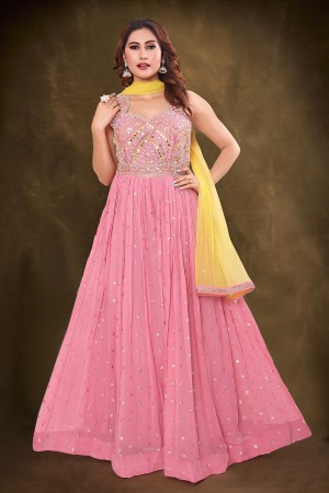 Pink  And Yellow  Greorgette / Chiffon / Wrinkle Gown